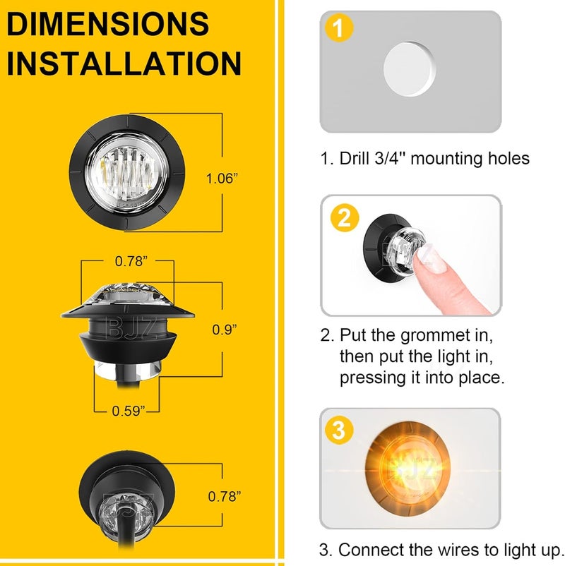 BJZ 3/4" Round Trailer Marker LED Lights Amber to Green Dual Color Side Clearance Tail Bullet Light 12V 4LED Indicator Light w/Clear Lens for Trailer Truck Van RV ATV Bus, 10Pcs - Image 5